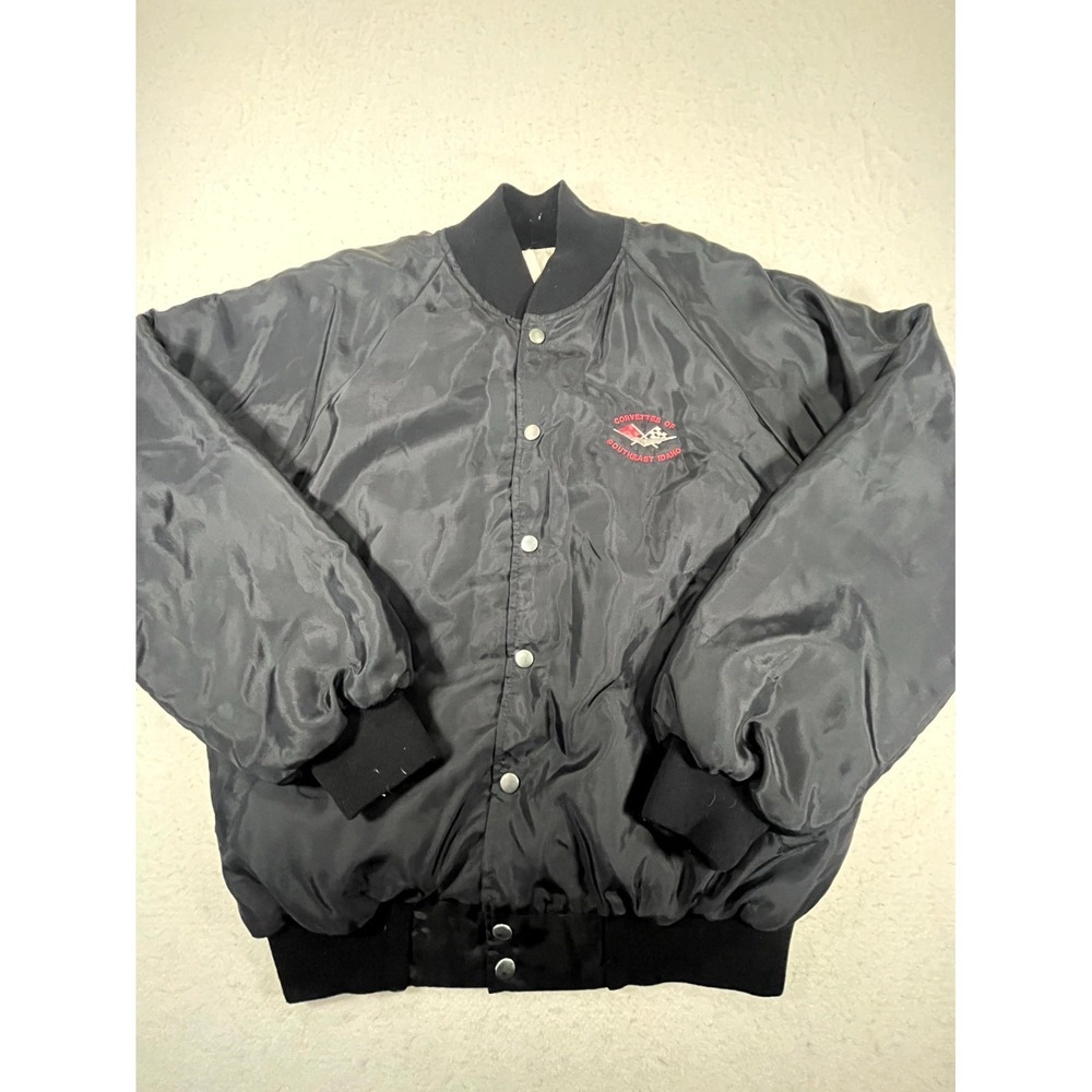 VTG Eagle Athletic Satin Bomber Jacket Men L Black Corvette Club Southeast Idaho